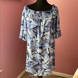 Blue and White Strapless Dress with Tropical Print